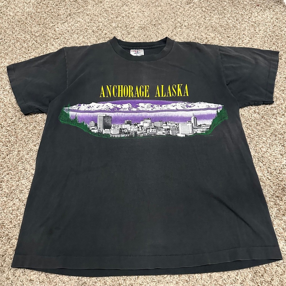 Vintage Tee Jays Mens Anchorage Alaska T Shirt Large Black Preowned Skyline